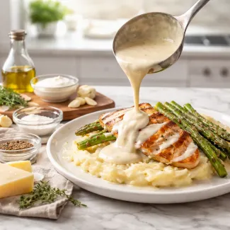 Gosta, svilnata omaka z bleščečo teksturo se preliva čez sočno meso na marmornem pultu v sodobni kuhinji.