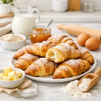 Zlato zapečeni sladki kifeljčki z zračno sredico na marmornem pultu, sveže pečeni.