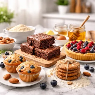 Sočne brezglutenske sladice z zračno sredico na marmornem pultu, sveže narezane in rahlo zapečene.