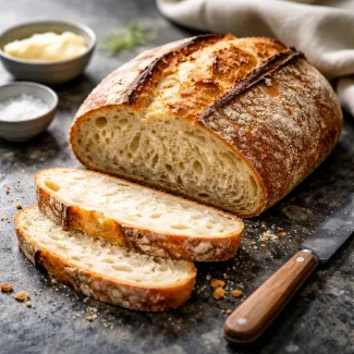 Domači kruh z mehko sredico in hrustljavo skorjo, rezan za vsakdanjo uporabo pri obrokih