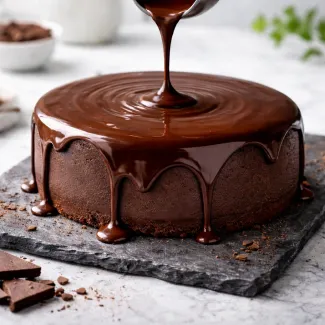 Popolnoma gladka čokoladna glazura se enakomerno preliva po torti za profesionalen sijaj