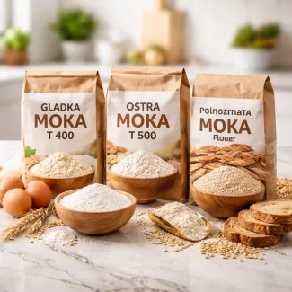 Teksture gladke, ostre in polnozrnate razsute moke na marmornem pultu v sodobni kuhinji.