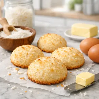 Gladki kokosovi piškoti z zlato skorjo in nežno strukturo, postreženi na svetlem marmornem pultu.