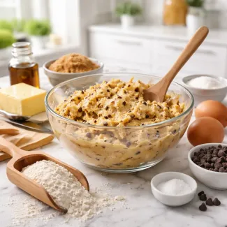 Kremasta **masa za piškote** z gladko teksturo na marmornem pultu, sveže pripravljena in zračno povezana.