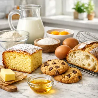 Mehka, sočna peka z zlato skorjo in zračno sredico na svetlem marmornem pultu, sveže narezana v domači kuhinji.