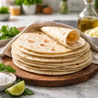 Mehke, elastične tortilje z rahlo zlato površino na marmornem pultu, sveže pečene in prožne.