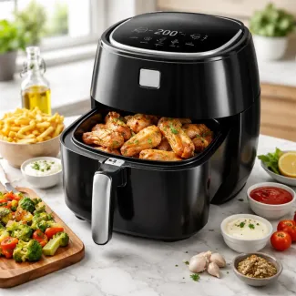 Zlato hrustljava skorja iz Air Fryerja na marmornem pultu, sočna notranjost, sveže pečeno.