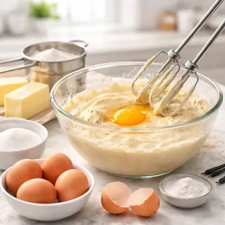 Gladko maslena masa z vmešanim jajcem na marmornem pultu prikazuje pravilno dodajanje jajc v maso.