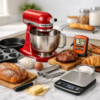 Profesionalna oprema za peko na marmornem pultu z zlato skorjo kruha in svežo teksturo.