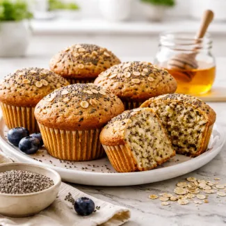 Rahli chia kolački z zlato skorjo in zračno sredico, sveže pečeni na marmornem pultu.