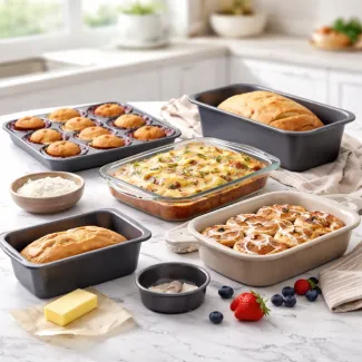 Različna posoda za peko z gladko keramiko in kovino na svetlem marmornem pultu.