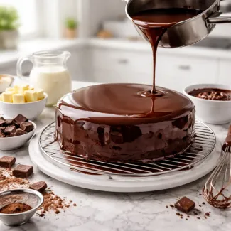 Sijoča čokoladna glazura z gladko, tekočo teksturo se enakomerno preliva po torti na marmornem pultu.