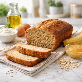 Sveže narezano pecivo z zlato skorjo in zračno drobtino na marmornem pultu brez sladkorja