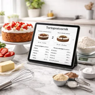 Tortopretvornik na marmornem pultu ob sveže narezani torti z zračno sredico.