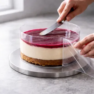 Odstranjevanje acetatne folije z gladkega mousse oboda torte