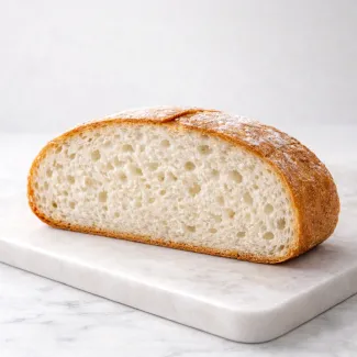 Prerez brezglutenskega kruha z enakomerno, kompaktno in rahlo vlažno sredico