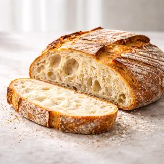 Razrezan domači kruh z odprto sredico in zlato skorjo po dolgi fermentaciji