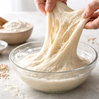 Raztegljivo testo z jasno vidno glutensko mrežo in elastično strukturo