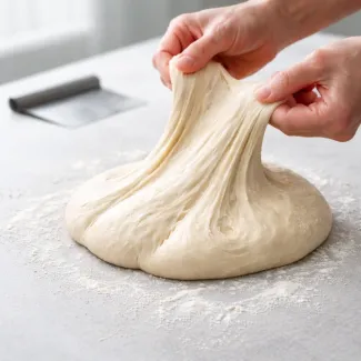 Raztezanje testa z vidno glutensko mrežo in elastično strukturo