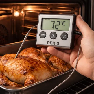 Digitalni termometer meri 72 °C v sočnem pečenem mesu v pečici