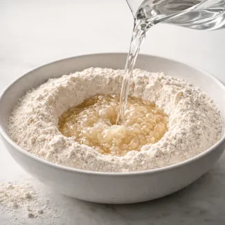 Voda se vpija v moko, nastaja gosta elastična struktura testa