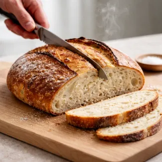 Hrustljava zlato rjava skorja kruha z mehko, vlažno sredico v prerezu