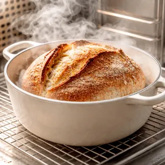 Hlebec kruha v litoželezni posodi z vidno paro in odprto elastično skorjo