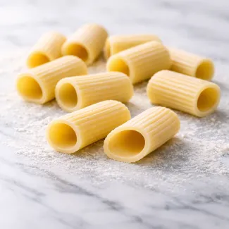 Gladki domači makaroni z votlo sredico in enakomerno strukturo testa na marmorju