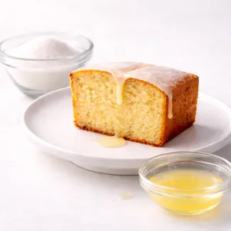 Prerez sočnega biskvita z nežnim prelivom in poudarjeno teksturo sredice