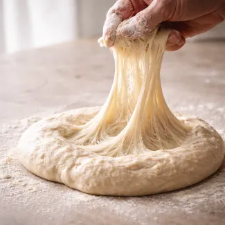 Raztegnjena glutenska mreža v visoko hidriranem testu z jasno elastičnostjo in napetostjo