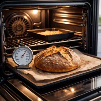 Odprta pečica z enakomerno zapečenim kruhom in termometrom za nadzor temperature