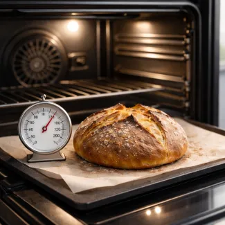 Kruh z enakomerno zapečeno skorjo v pečici ob analognem termometru 200 °C