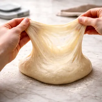 Raztegovanje elastičnega testa z vidno glutensko mrežo in napeto strukturo