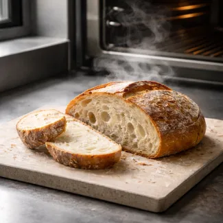 Sveže pečen kruh z odprto sredico in tanko, uravnoteženo skorjo ob odprti pečici