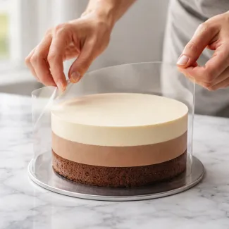 Odstranjevanje acetatne folije z mousse torte razkrije popolnoma gladek in raven rob plasti
