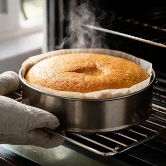 Zlato pečen biskvit v modelu z rahlo ugreznjeno sredino in vidno paro iz pečice