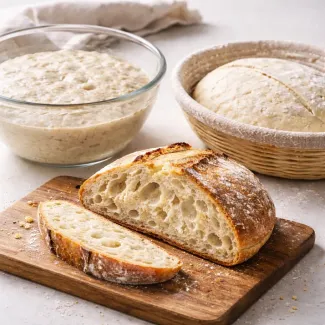 Odprta sredica kruha, prikazana skozi bulk fermentacijo in končno vzhajanje v naravni svetlobi