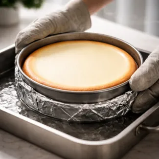 Gladek cheesecake brez razpok med dvigom iz vodne kopeli z enakomerno pečeno površino