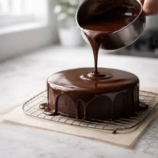 Sijoča čokoladna ganache glazura se preliva čez torto in ustvarja gladko, stabilno teksturo.