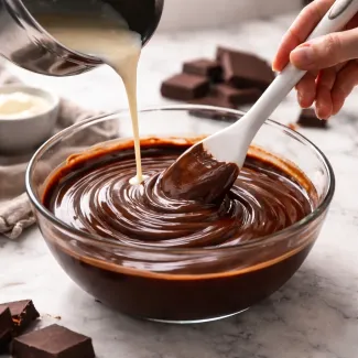 Priprava gladkega čokoladnega ganacha z vlivanjem vroče smetane in mešanjem v sijočo kremo