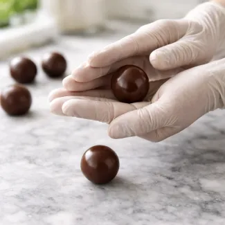 Roke oblikujejo popolnoma gladek čokoladni truffle na hladni marmornati površini, mehki sijaj kakava