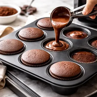 Čokoladna masa se enakomerno vliva v model za mafine, za raven vrh brez kupole