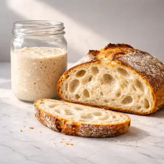 Zlato rjav kruh z odprto, zračno sredico ob kozarcu aktivnih droži na svetlem marmorju.