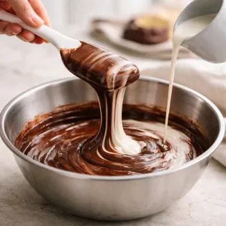 Svilnata čokoladna emulzija med mešanjem s postopnim vlivanjem smetane