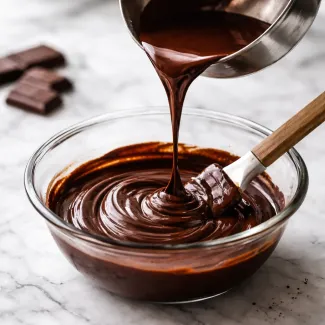 Stopljena temna čokolada se vliva v skledo in ustvarja gladek ganache z bogatim kakavovim sijajem