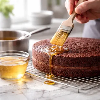 Invertni sladkor se s čopičem nanaša na biskvit in ustvarja sijaj ter vlažno teksturo torte