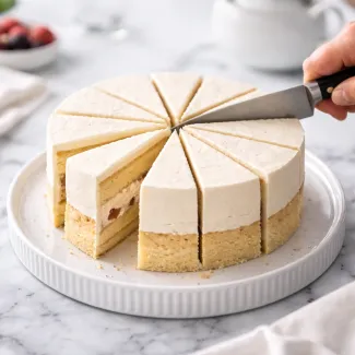 Rezanje okrogle torte na enakomerne porcije, vidna struktura biskvita in kremne plasti glede na premer torte