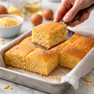 Mehak koruzni biskvit z enakomerno, sočno sredico med rezanjem na pladnju