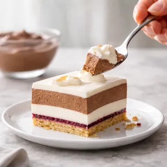 Rezina torte z zračno mousse kremo in stabilnimi plastmi, žlica dvigne svilnat kos kreme