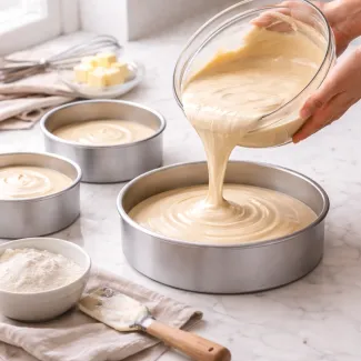 Vlita biskvitna masa v tri modele za torto različnih premerov na svetlem marmornem pultu